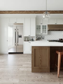 Traditional large L-shaped kitchen with large island and kitchen appliances. Emphasis on a large metal refrigerator in the interior. 3D rendering