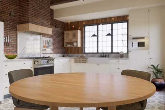 Kitchen with an emphasis on the surface of the kitchen table with a blurred background - a place to place products. L-shaped kitchen with beams and dining table. 3D rendering