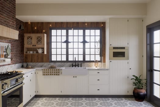 White kitchen with dark red brick, wood, large window and kitchen utensils. L-shaped kitchen with beams and dining table. 3d rendering