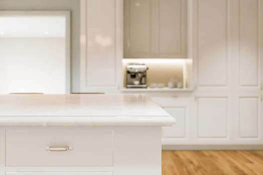 Kitchen white countertop with white marble, with blurred bokeh background. Presentation of goods in the kitchen interior on the countertop surface. 3D rendering