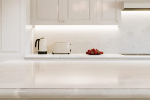 Kitchen white countertop with white marble, with blurred bokeh background. Presentation of goods in the kitchen interior on the countertop surface. 3D rendering