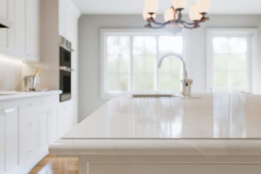 Kitchen white countertop with white marble, with blurred bokeh background. Presentation of goods in the kitchen interior on the countertop surface. 3D rendering