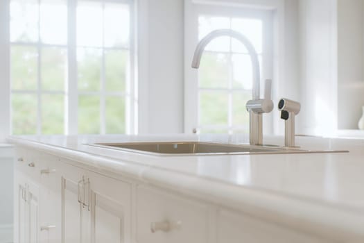 Kitchen white countertop with white marble, with blurred bokeh background. Presentation of goods in the kitchen interior on the countertop surface. 3D rendering