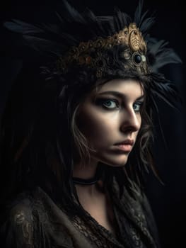 Gothic Fantasy. A romantic and mystical portrait of a young woman with bird feather jewellery in a dark sombre tone