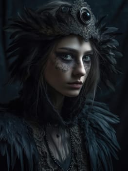 Gothic Fantasy. A romantic and mystical portrait of a young woman with bird feather jewellery in a dark sombre tone