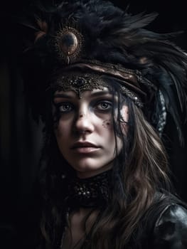 Gothic Fantasy. A romantic and mystical portrait of a young woman with bird feather jewellery in a dark sombre tone