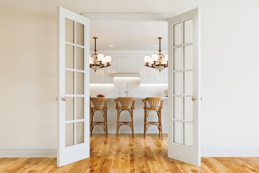 Traditional white kitchen with long island and wooden chairs with varnished wood flooring. Classic kitchen with large chandeliers and kitchen appliances. 3d rendering