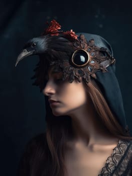 Gothic Fantasy. A romantic and mystical portrait of a young woman with bird feather jewellery in a dark sombre tone
