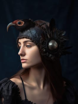 Gothic Fantasy. A romantic and mystical portrait of a young woman with bird feather jewellery in a dark sombre tone