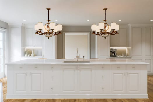 Traditional white kitchen with long island and wooden chairs with varnished wood flooring. Classic kitchen with large chandeliers and kitchen appliances. 3d rendering