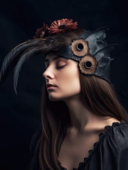 Gothic Fantasy. A romantic and mystical portrait of a young woman with bird feather jewellery in a dark sombre tone