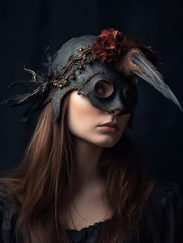 Gothic Fantasy. A romantic and mystical portrait of a young woman with bird feather jewellery in a dark sombre tone