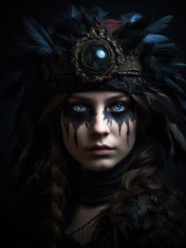 Gothic Fantasy. A romantic and mystical portrait of a young woman with bird feather jewellery in a dark sombre tone