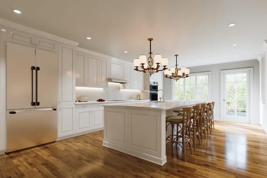 Traditional white kitchen with long island and wooden chairs with varnished wood flooring. Classic kitchen with large chandeliers and kitchen appliances. 3d rendering