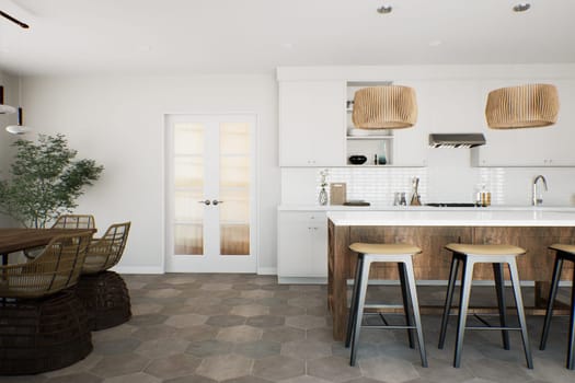 White kitchen with wood island and patterned wood fixtures with kitchen appliances and utensils. Stylish kitchen in traditional style. 3D rendering