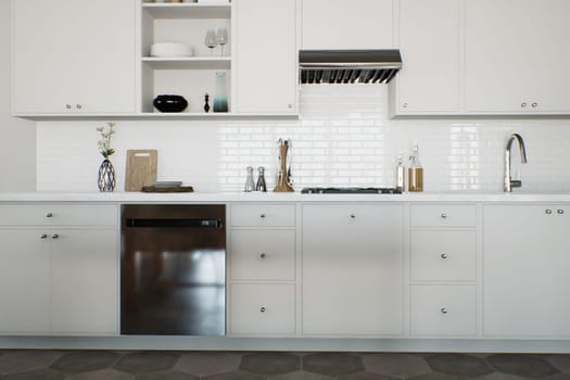 White kitchen with accent dishwasher and kitchen utensils. Stylish kitchen in traditional style. 3D rendering