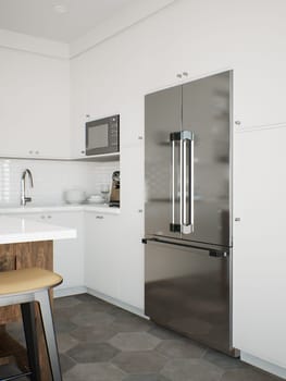 White kitchen with refrigerator and kitchen utensils. Stylish kitchen in traditional style. 3D rendering