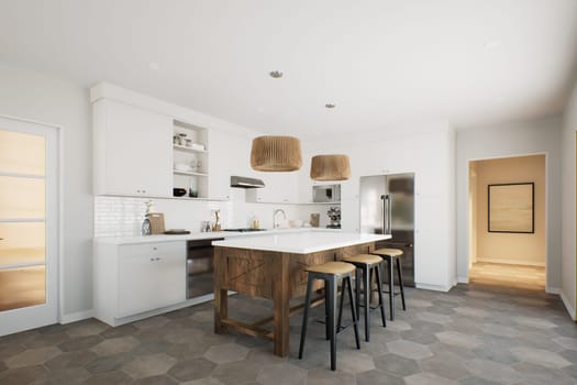 White kitchen with wood island and patterned wood fixtures with kitchen appliances and utensils. Stylish kitchen in traditional style. 3D rendering