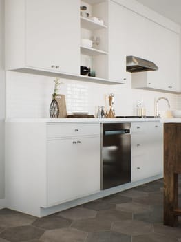 White kitchen with accent dishwasher and kitchen utensils. Stylish kitchen in traditional style. 3D rendering