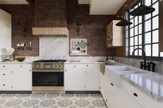 White kitchen with dark red brick, wood, large window and kitchen utensils. L-shaped kitchen with beams and dining table. 3d rendering