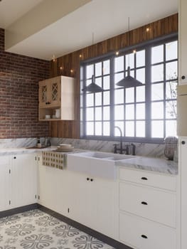 White kitchen with dark red brick, wood, large window and kitchen utensils. L-shaped kitchen with beams and dining table. 3d rendering