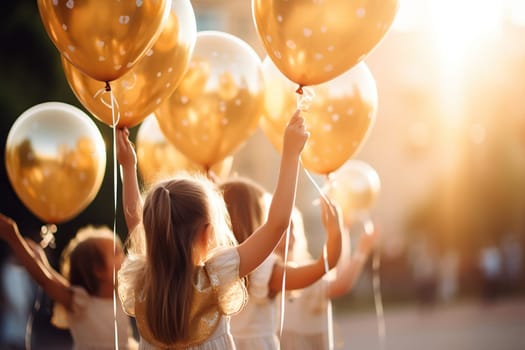 Children with balloons in nature in the rays of sunset. Holiday for children. Happy childhood.