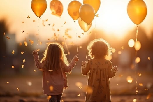 Children with balloons in nature in the rays of sunset. Holiday for children. Happy childhood.