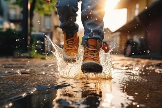 The legs of a child in yellow boots jump through puddles against the backdrop of a blurred street.