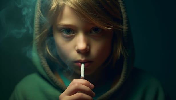 Concept for smoking in front of the child kid. A little child smoking a cigarette. Bad influence concept. Bad habit,health and safety and addiction background copy space Space for text