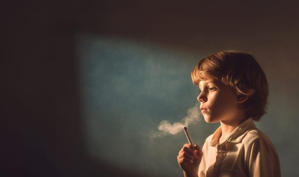 Concept for smoking in front of the child kid. A little child smoking a cigarette. Bad influence concept. Bad habit,health and safety and addiction background copy space Space for text