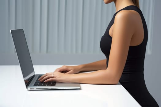 Business woman in black typing on a laptop in the workplace Woman working in the office on a keyboard.