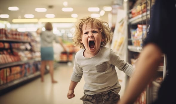 Upset hysterical child crying loudly while manipulating parents and standing against food stall in supermarket. Child misbehave in grocery store copy space Space for text