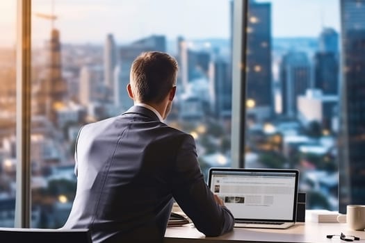 A man in a business suit works at a laptop in a modern office with large panoramic windows.