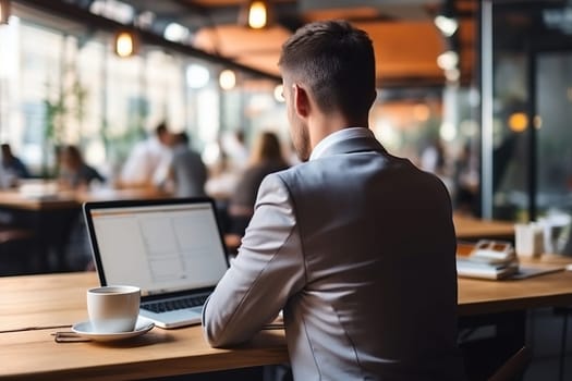 A man in a business suit with a laptop sits in a cafe. Back view. Remote work concept.