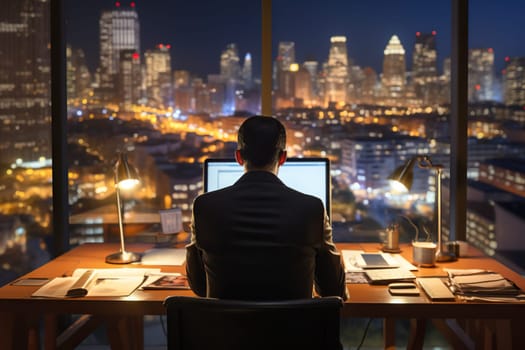 A man in a business suit works at a computer in a modern office with large panoramic windows in the evening.