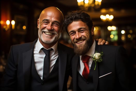 Groom and his friend smiling and hugging at wedding. LGBT marriage concept. AI generated