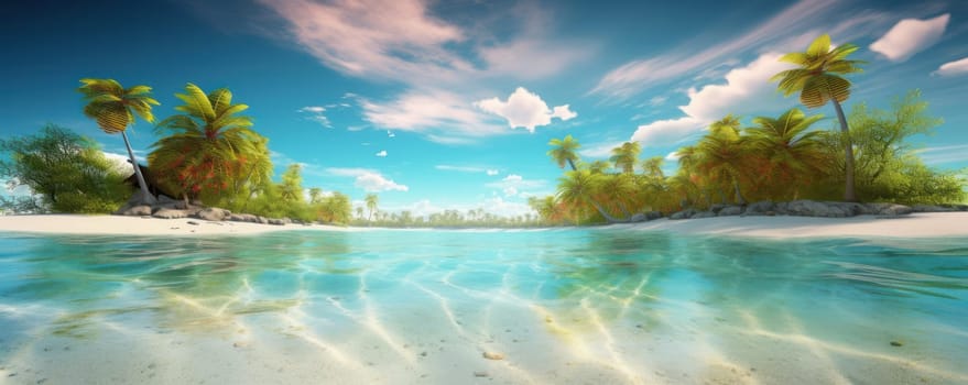 The stunning natural beauty of a tropical beach with palm trees and rocky cliffs, where the ocean and the sky meet in perfect harmony. AI generative paradise.