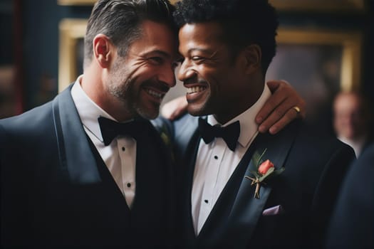 Male lgbt couple in suits with boutonniere getting married. LGBT marriage concept. AI generated