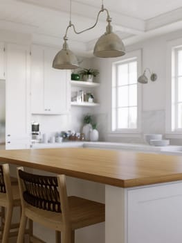 Wooden countertop, empty surface to place your goods, with a blurred kitchen background in the background. Stylish, bright kitchen in traditional style. 3D rendering