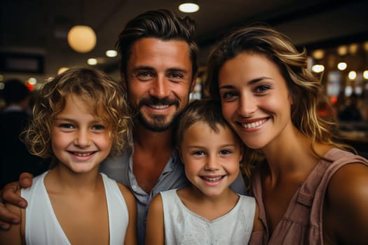 Portrait of family of parents and children girls in cafe. Happy parenting concept