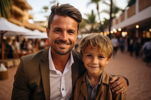 Portrait of happy father and little son in business suits on vacation. Happy parenting concept. AI generated