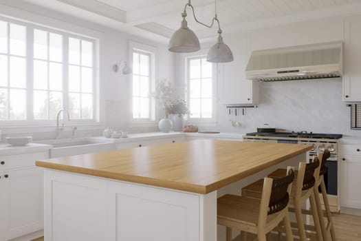 Wooden countertop, empty surface to place your goods, with a blurred kitchen background in the background. Stylish, bright kitchen in traditional style. 3D rendering