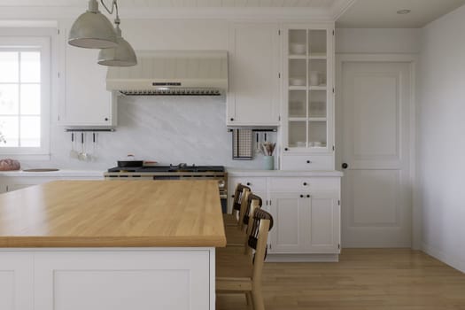 Wooden countertop, empty surface to place your goods, with a blurred kitchen background in the background. Stylish, bright kitchen in traditional style. 3D rendering