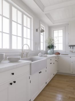 Kitchen sink by the window with dishes. Stylish, bright kitchen in traditional style. 3D rendering