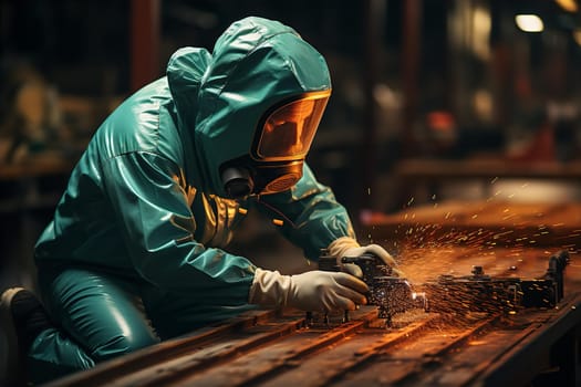 Male welder in protective suit and helmet working at metalworking plant. Male profession concept. AI generated