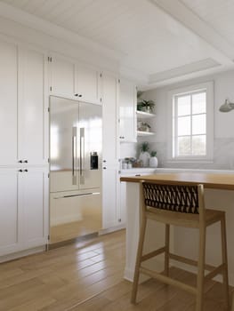 Large metal refrigerator in the kitchen. Stylish white kitchen in traditional American style. 3d rendering