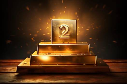 Gold trophy for runner-up. The number two is on a golden pedestal. Blurred background. Generated by artificial intelligence