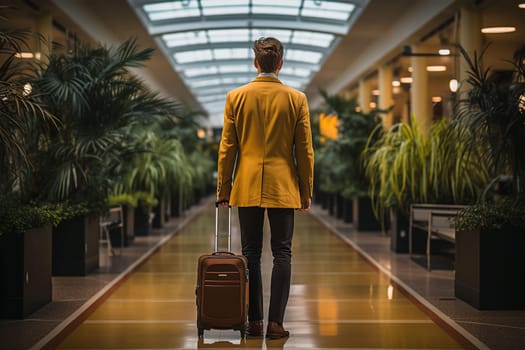 Back view of businessman with suitcase in hotel lobby with flowers in pots. Travel and tourism concept. AI generated