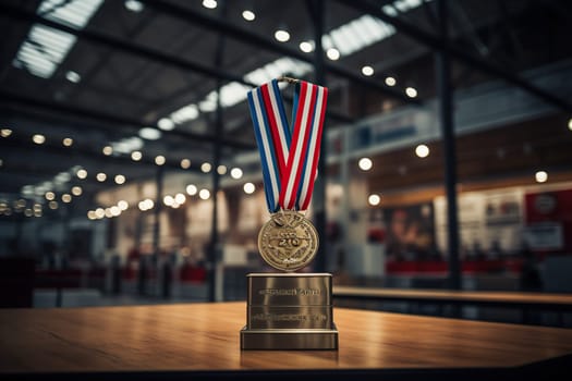 The winner's award in the form of medal on wooden table.