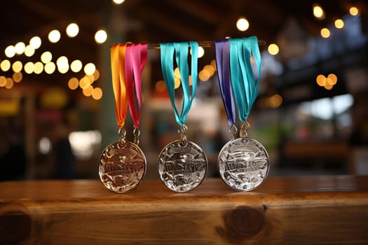 The winner's award in the form of three medals on ribbons against a background of golden bokeh.